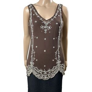 Basixx Elegant Brown silk top Embellished with beading and sequins sz 10